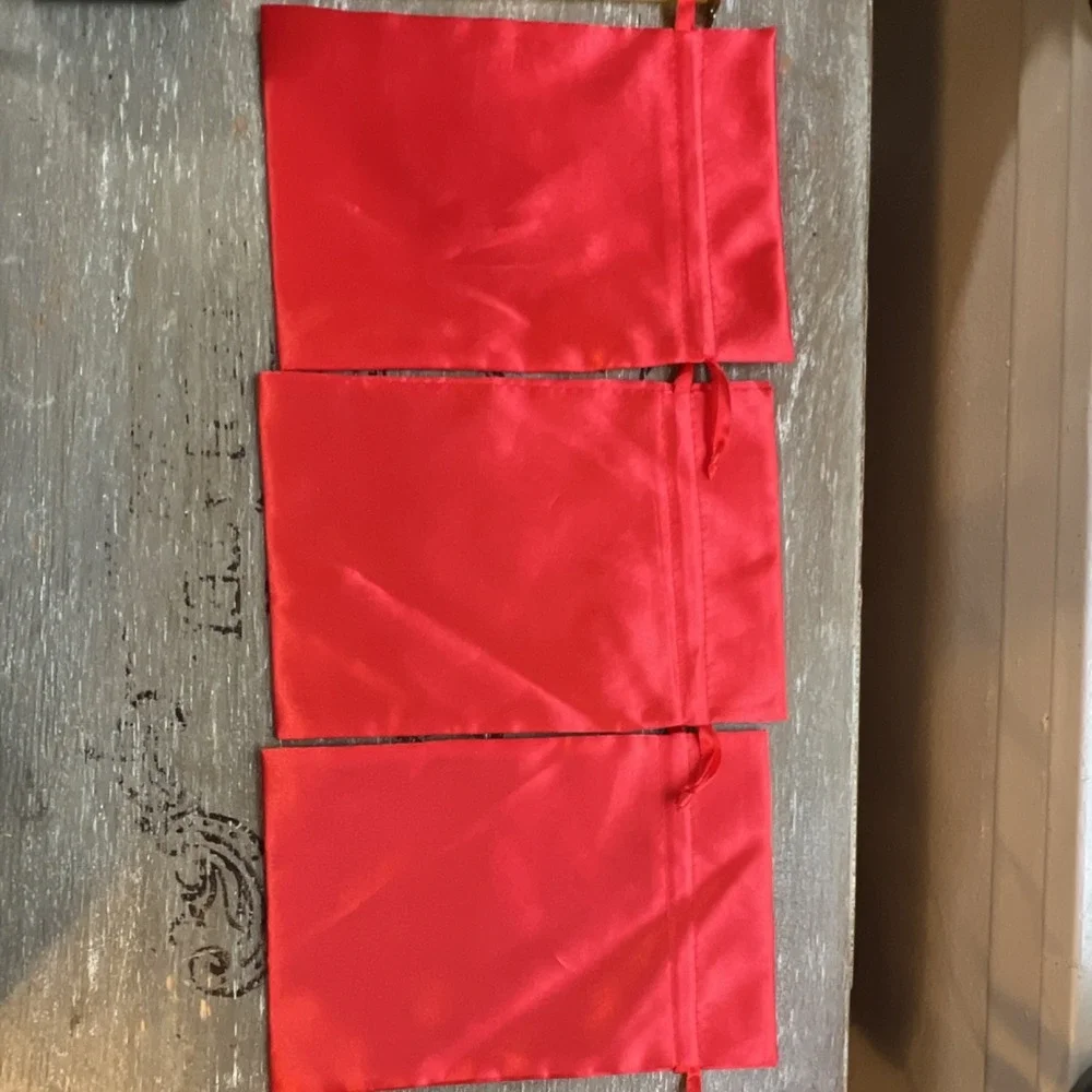 Red Satin Gift Pouches Set of 3 Approx. 8x6 in Solid Plain Drawstring Bags
